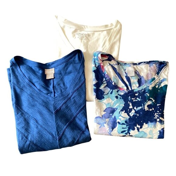 Bundle of 3 Chico's Short Sleeve Tee Tops Sz 2(L/12) Blues & White #316A - Picture 1 of 5